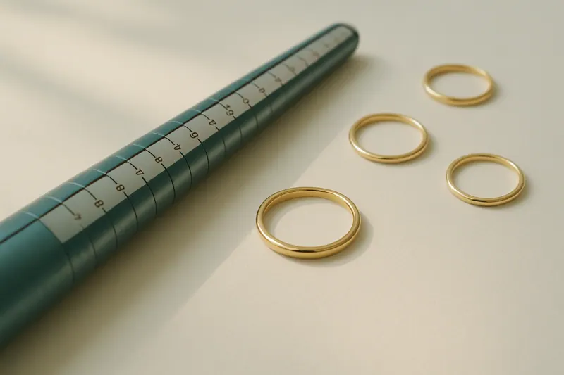 A metal ring sizing stick with millimeter markings beside a few gold rings on a neutral surface.