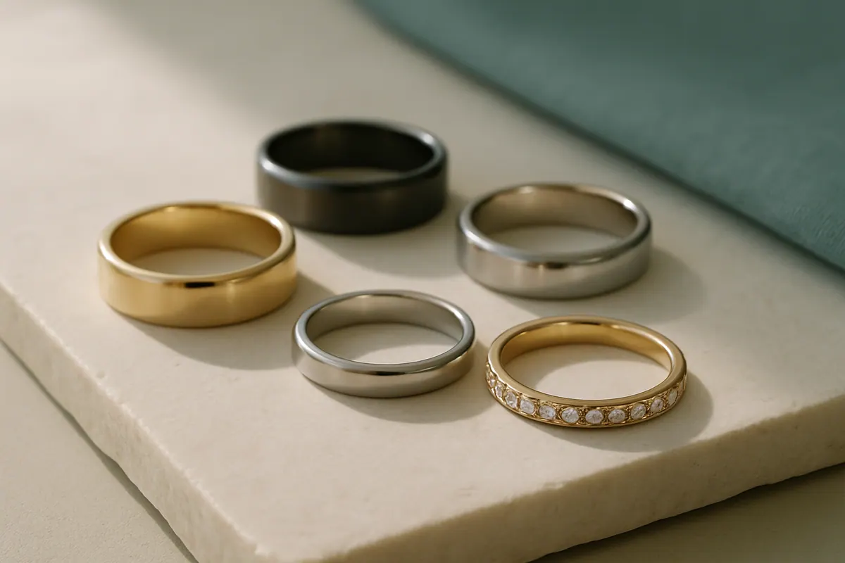 Wedding bands in gold, platinum, and dark tungsten arranged on a pale stone surface.